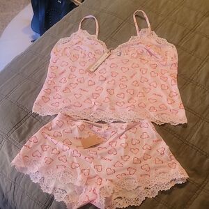 SKIMS Pink Heart Lace Cami & Short Set